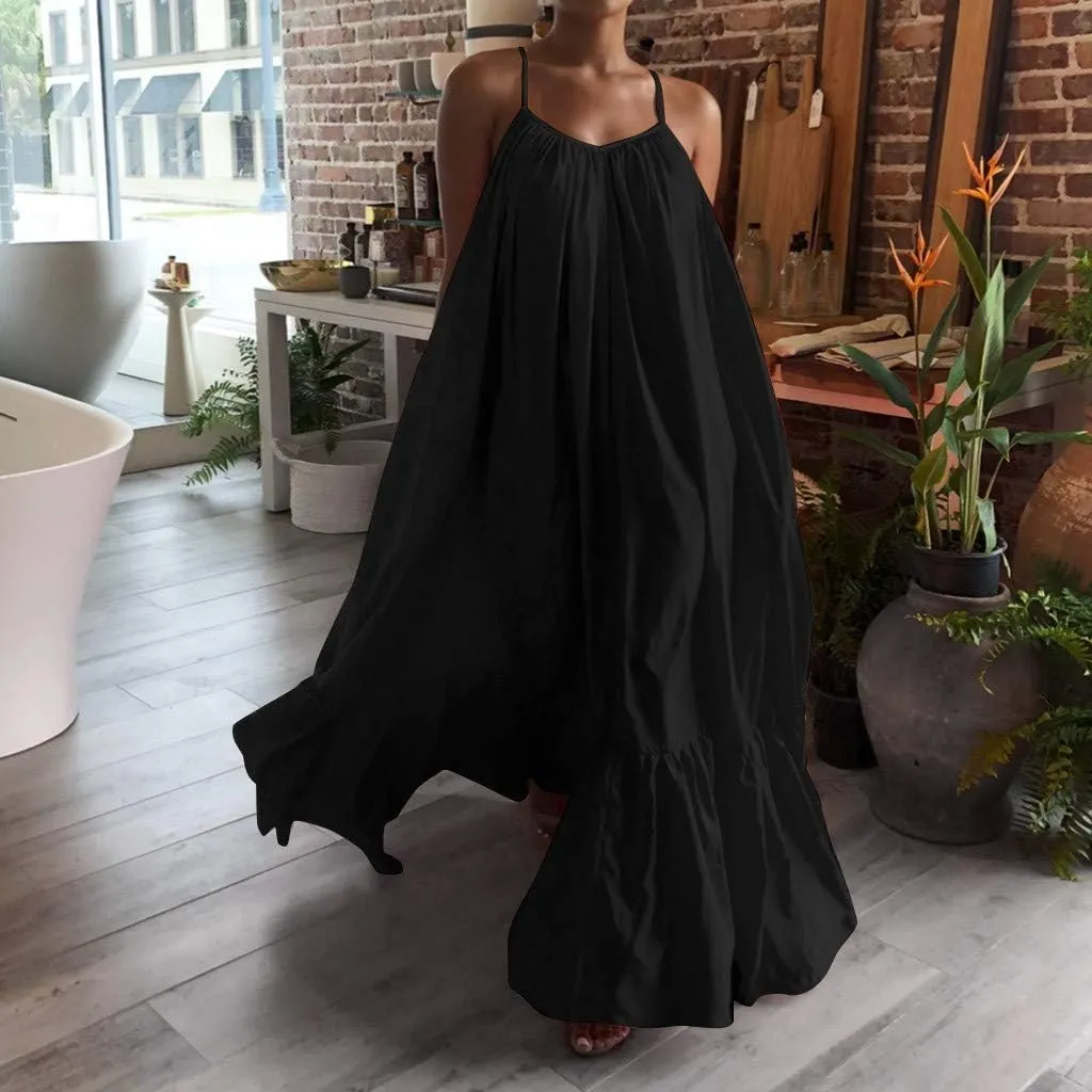 Women's Summer Floral Maxi Dress Sleeveless Smocked Ruffle Long Flowy Beach Vacation Boho Sundresses