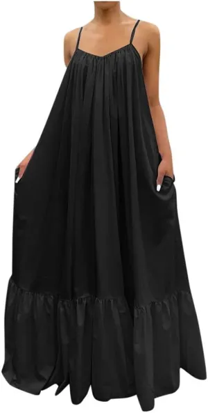Women's Summer Floral Maxi Dress Sleeveless Smocked Ruffle Long Flowy Beach Vacation Boho Sundresses