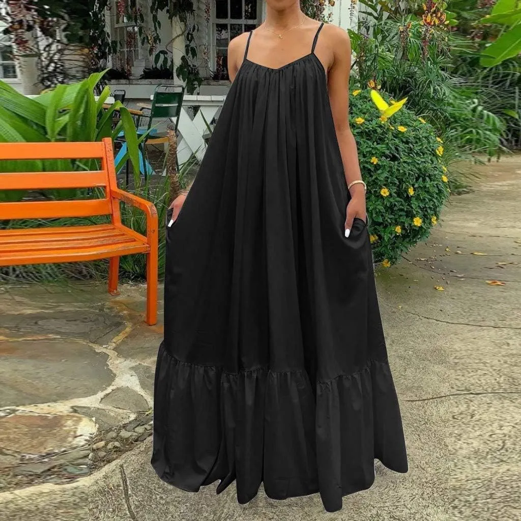 Women's Summer Floral Maxi Dress Sleeveless Smocked Ruffle Long Flowy Beach Vacation Boho Sundresses