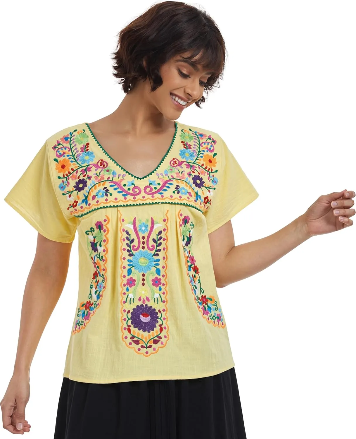 YZXDORWJ Women's Mexican V Neck Top Peasant Embroidered Blouse Traditional Summer Short Sleeve Shirt