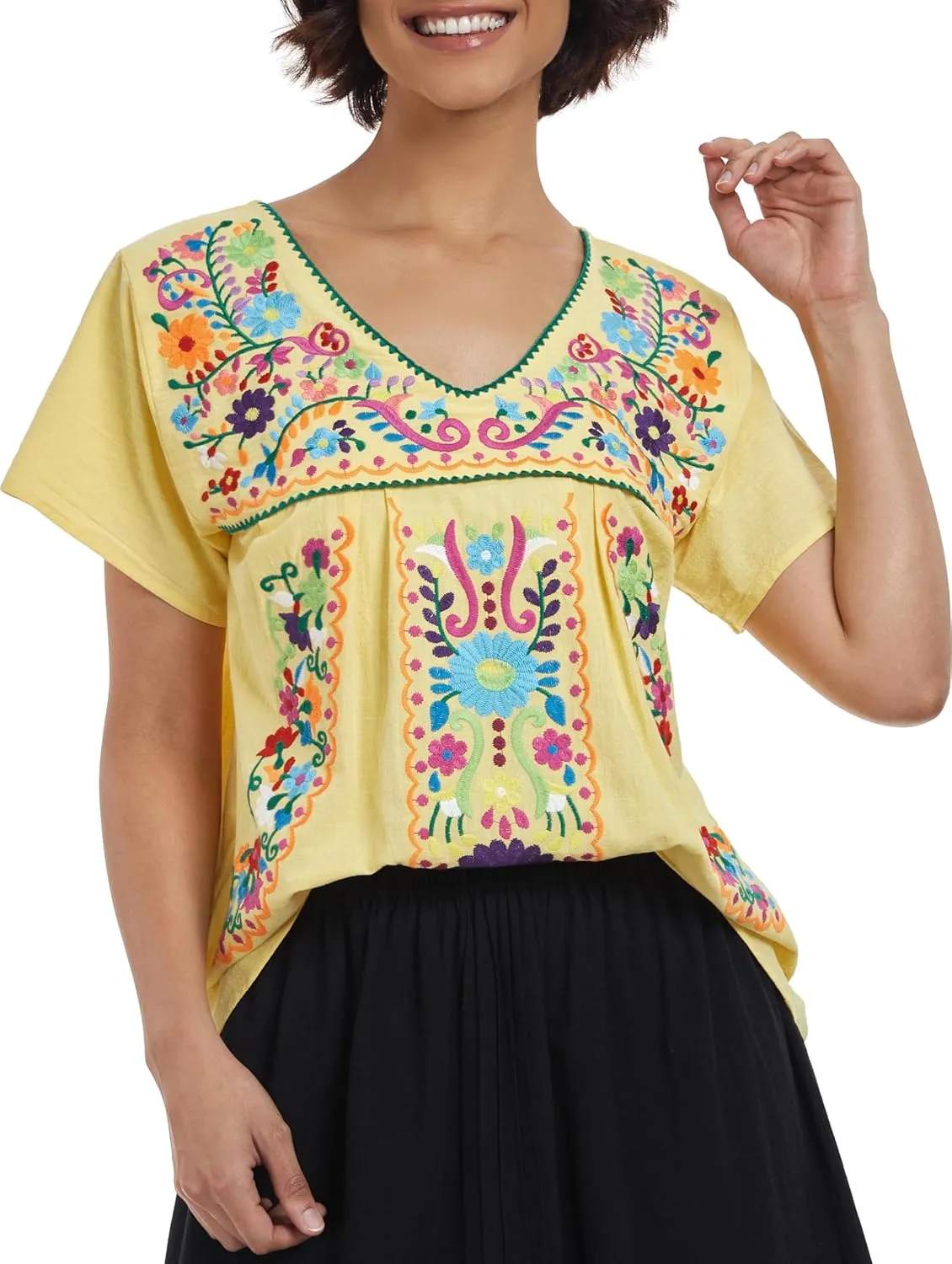 YZXDORWJ Women's Mexican V Neck Top Peasant Embroidered Blouse Traditional Summer Short Sleeve Shirt