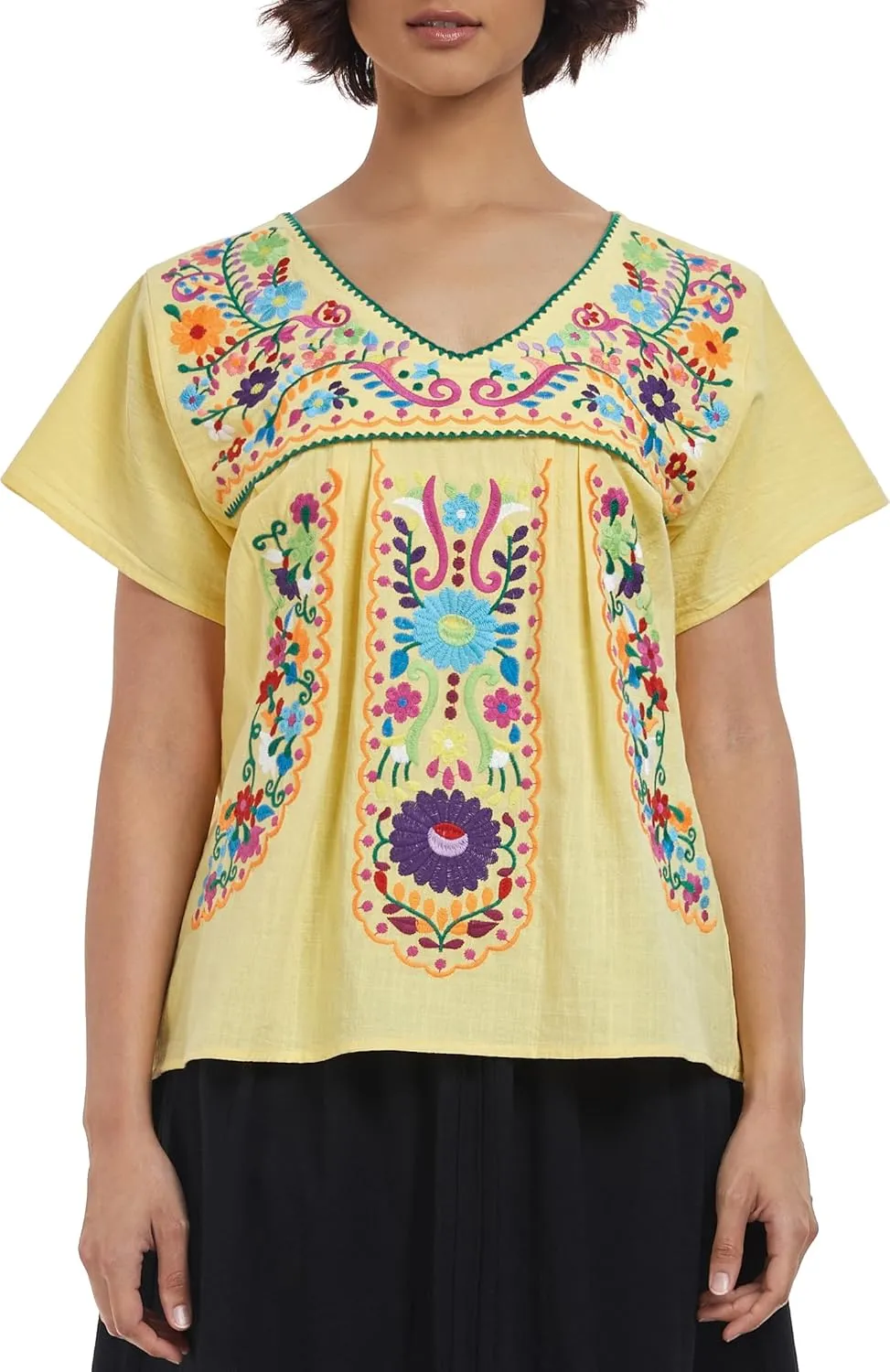 YZXDORWJ Women's Mexican V Neck Top Peasant Embroidered Blouse Traditional Summer Short Sleeve Shirt