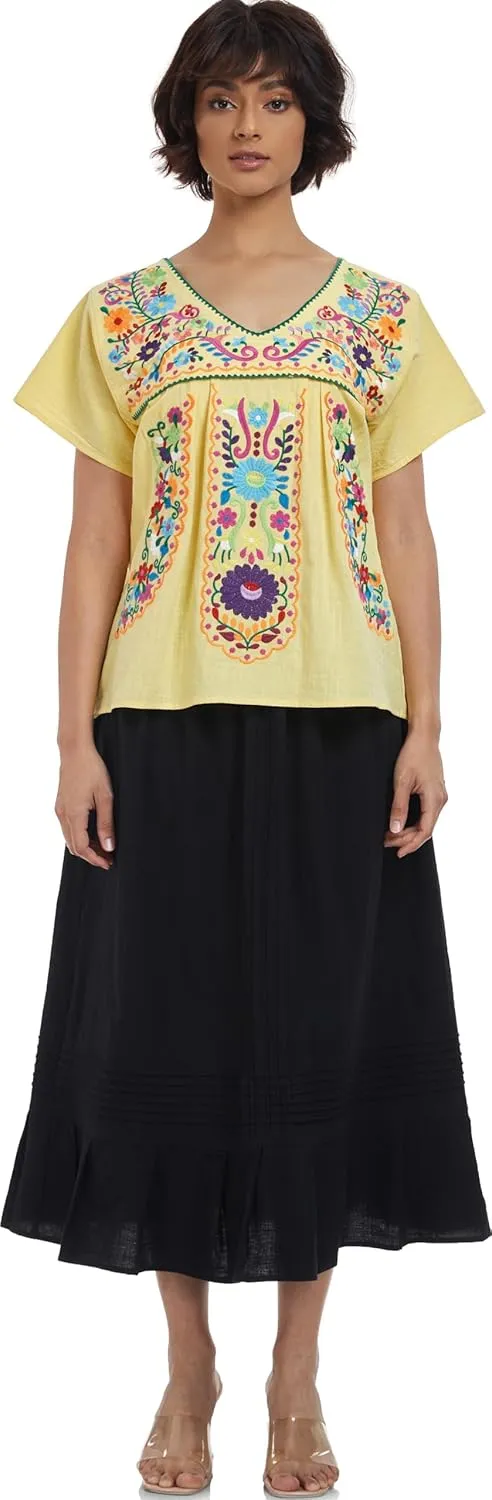 YZXDORWJ Women's Mexican V Neck Top Peasant Embroidered Blouse Traditional Summer Short Sleeve Shirt
