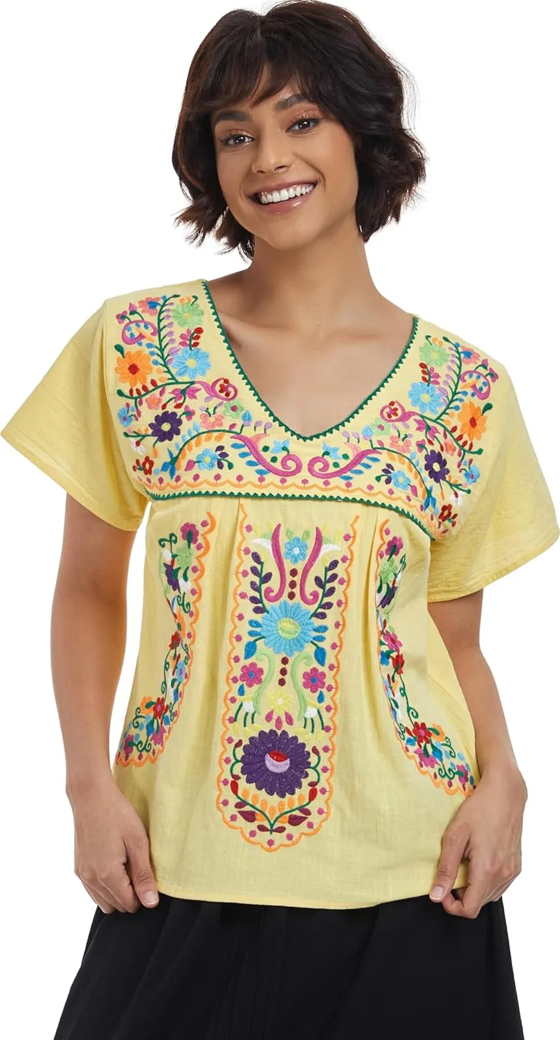 YZXDORWJ Women's Mexican V Neck Top Peasant Embroidered Blouse Traditional Summer Short Sleeve Shirt