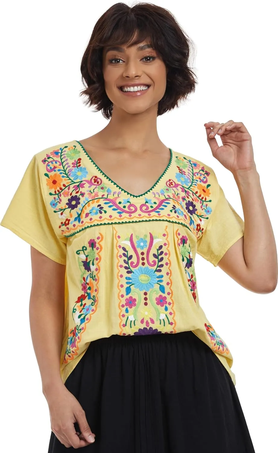 YZXDORWJ Women's Mexican V Neck Top Peasant Embroidered Blouse Traditional Summer Short Sleeve Shirt